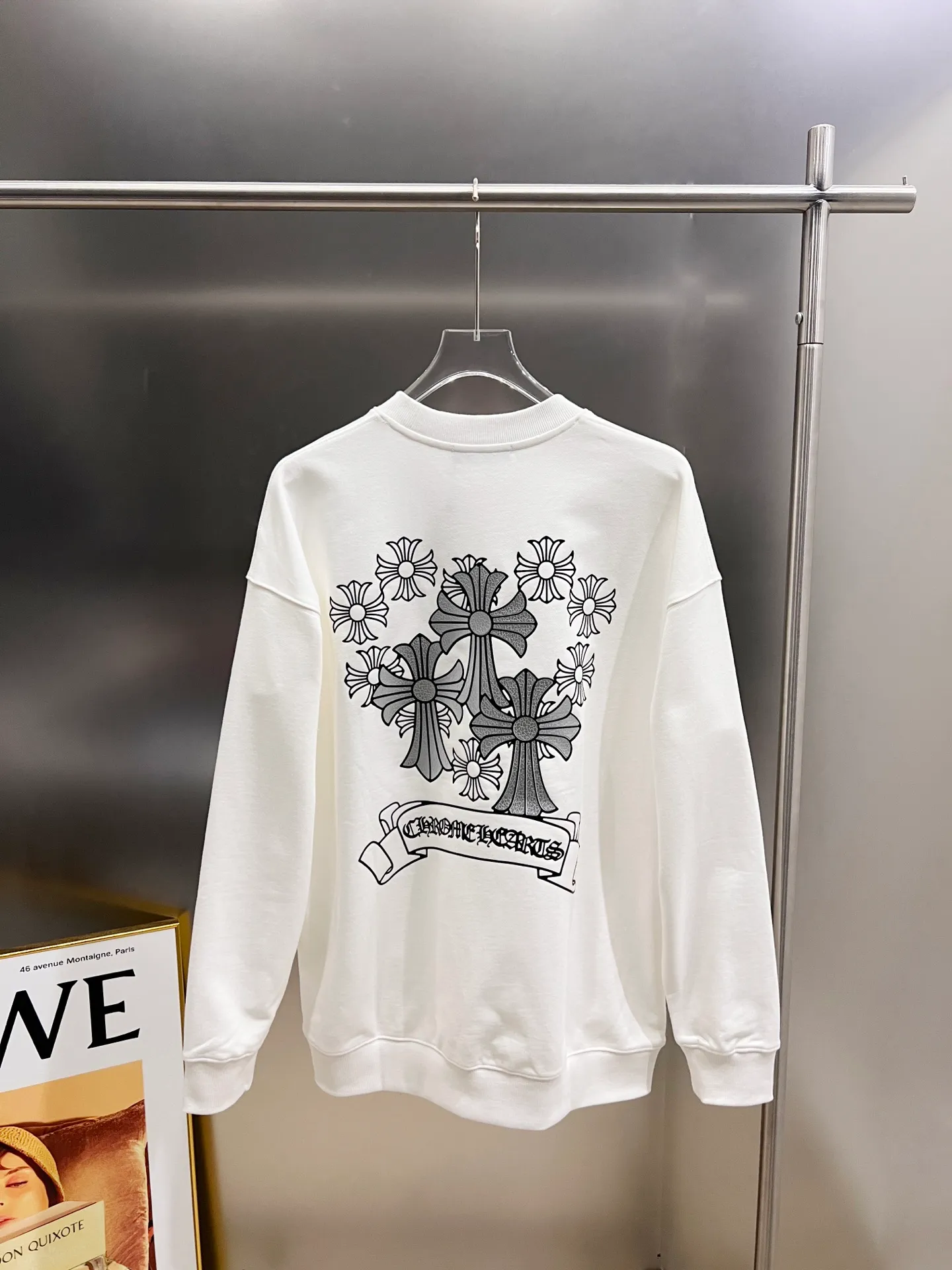 🅿️270 CH Crowe 2025 Autumn and Winter New Round Neck Long Sleeve Sweater Cross Patch Leather + Customized Hardware Metal Horseshoe Sanskrit Text The Real Product Is Great🔥Same Style for Men and Women Loose Version Size S M L XL XXL Five Codes Black White